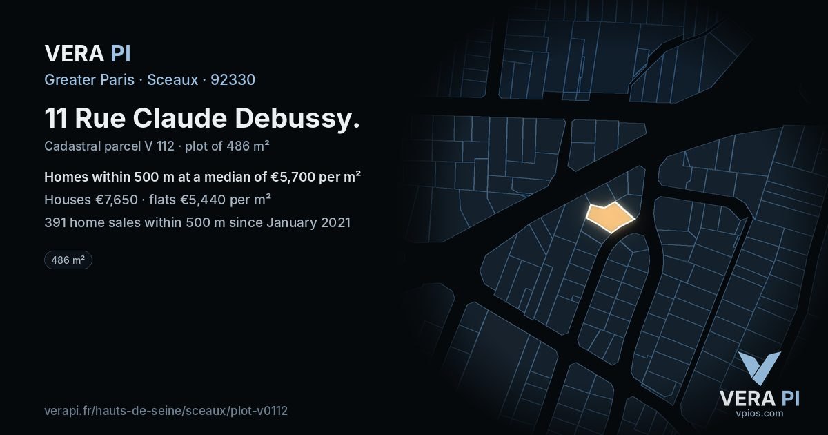 11 Rue Claude Debussy, Sceaux at night – the plot lit, the parcels around coloured by the prices near them