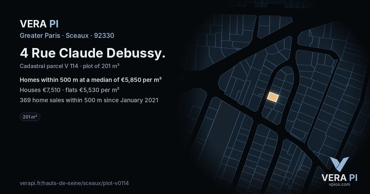 4 Rue Claude Debussy, Sceaux at night – the plot lit, the parcels around coloured by the prices near them