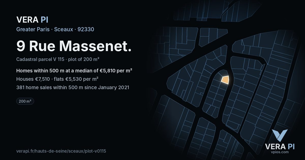 9 Rue Massenet, Sceaux at night – the plot lit, the parcels around coloured by the prices near them