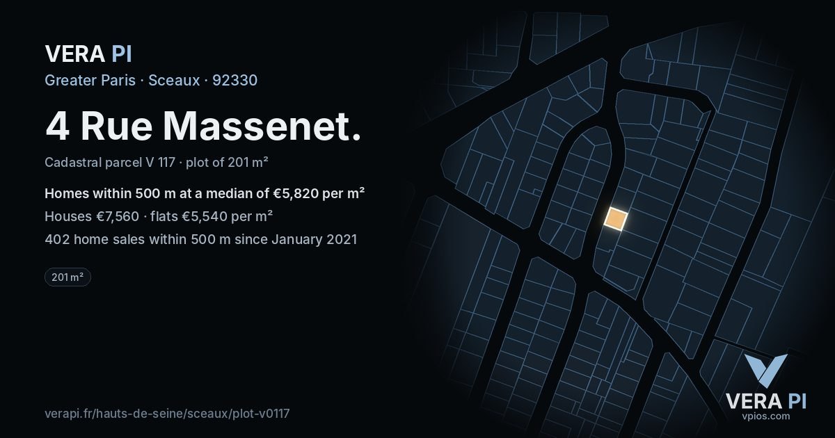 4 Rue Massenet, Sceaux at night – the plot lit, the parcels around coloured by the prices near them