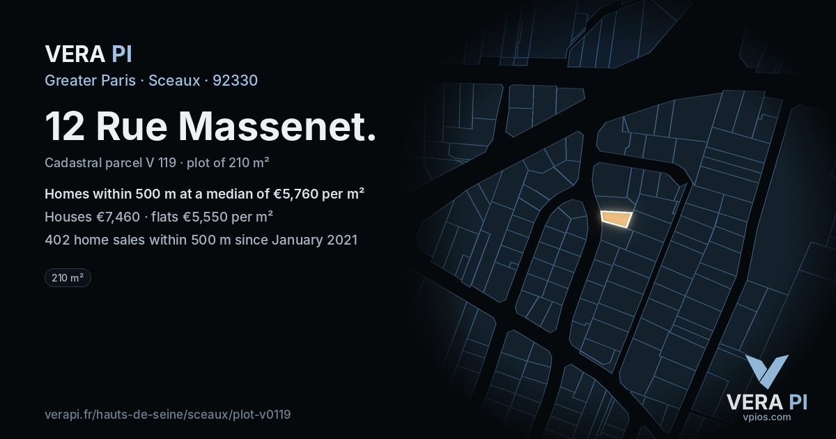 12 Rue Massenet, Sceaux at night – the plot lit, the parcels around coloured by the prices near them