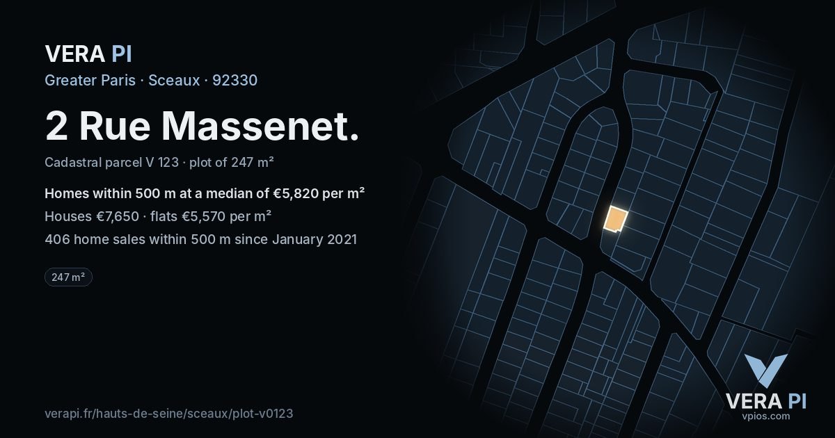 2 Rue Massenet, Sceaux at night – the plot lit, the parcels around coloured by the prices near them