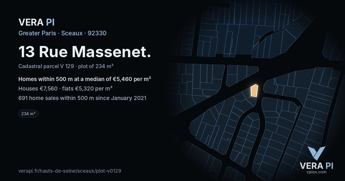 13 Rue Massenet, Sceaux at night – the plot lit, the parcels around coloured by the prices near them