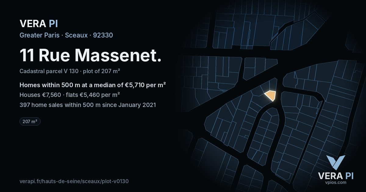 11 Rue Massenet, Sceaux at night – the plot lit, the parcels around coloured by the prices near them
