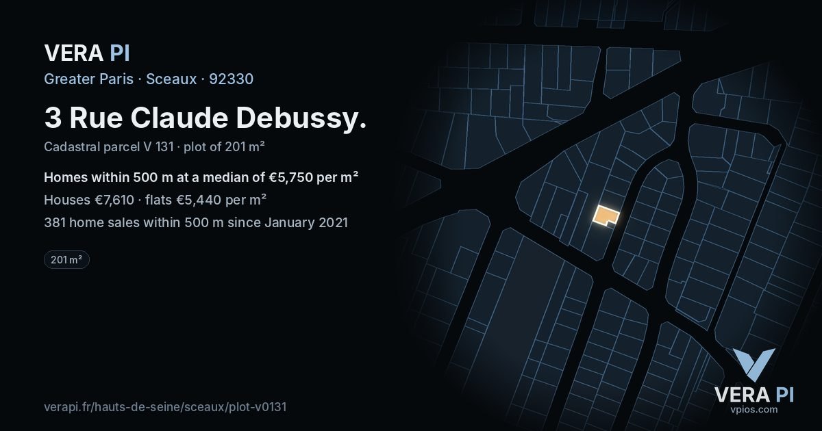3 Rue Claude Debussy, Sceaux at night – the plot lit, the parcels around coloured by the prices near them