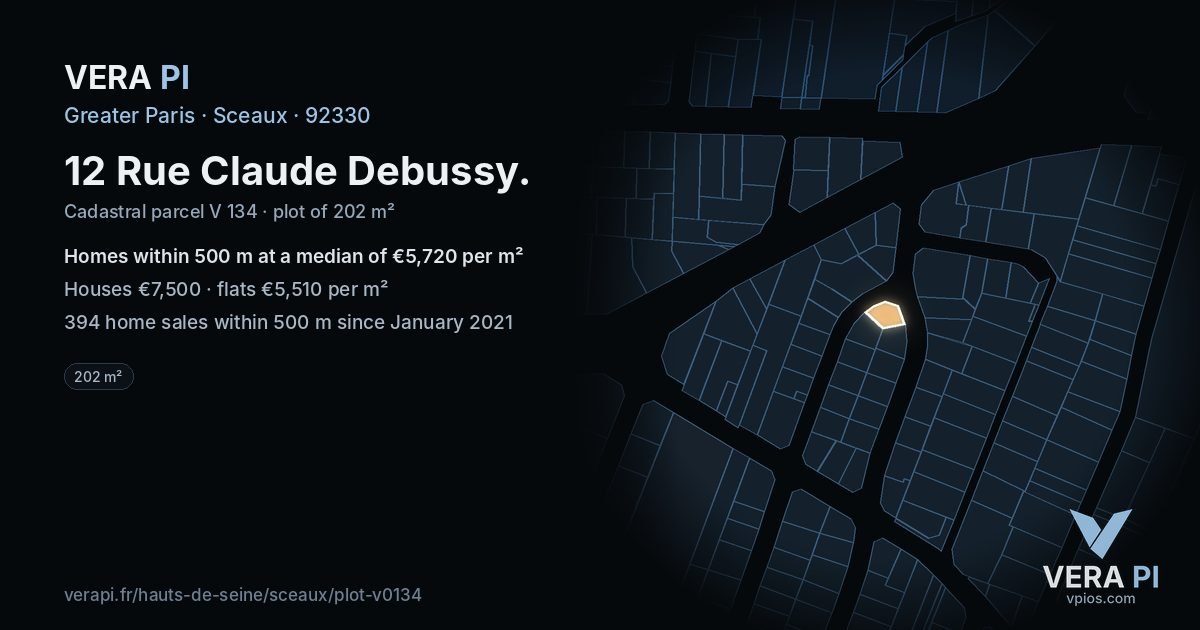 12 Rue Claude Debussy, Sceaux at night – the plot lit, the parcels around coloured by the prices near them