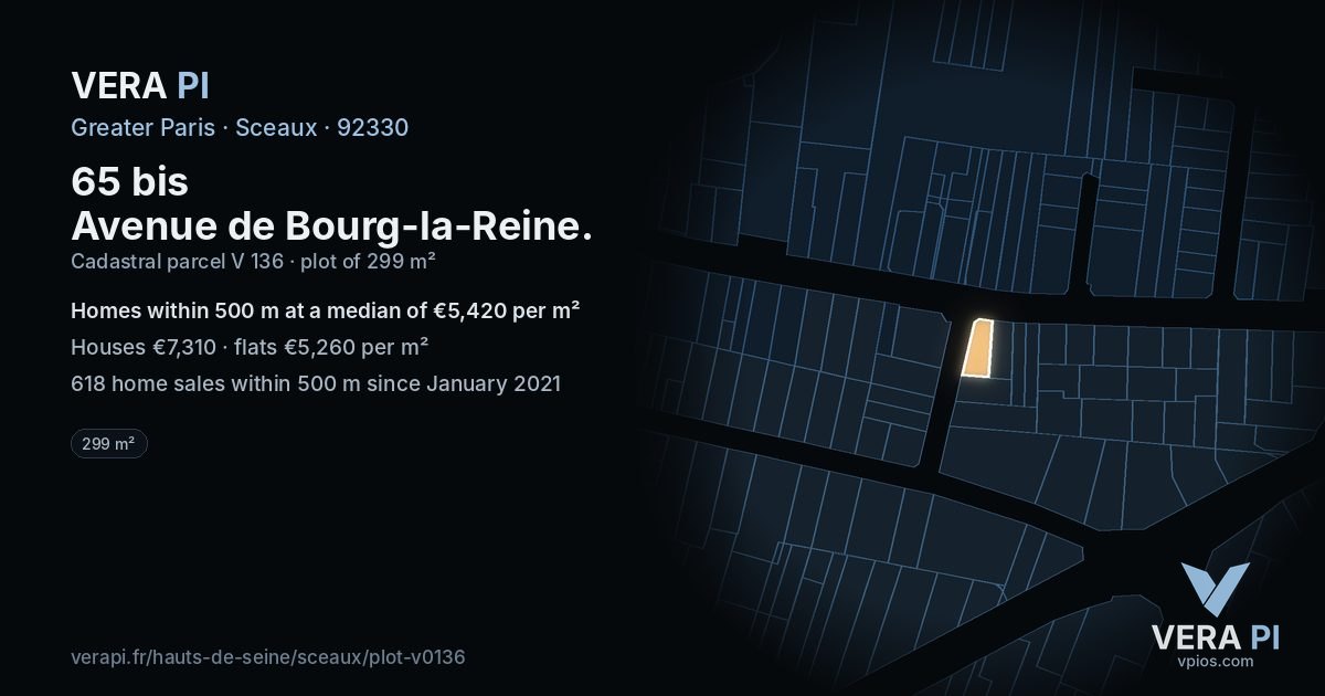 65 bis Avenue de Bourg-la-Reine, Sceaux at night – the plot lit, the parcels around coloured by the prices near them