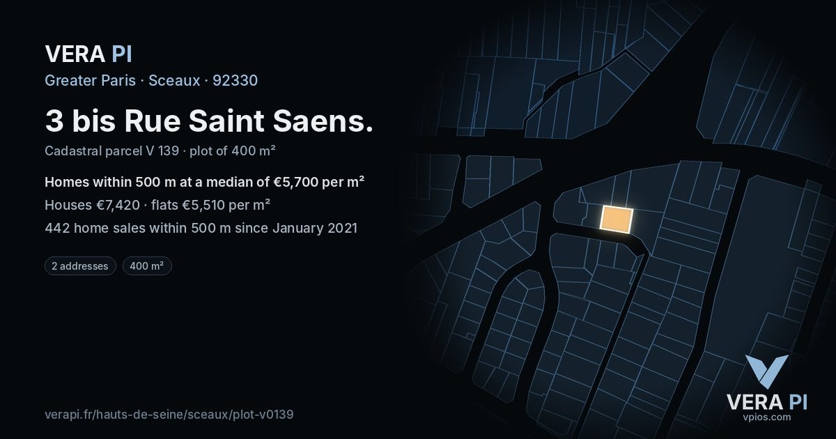 3 bis Rue Saint Saens, Sceaux at night – the plot lit, the parcels around coloured by the prices near them