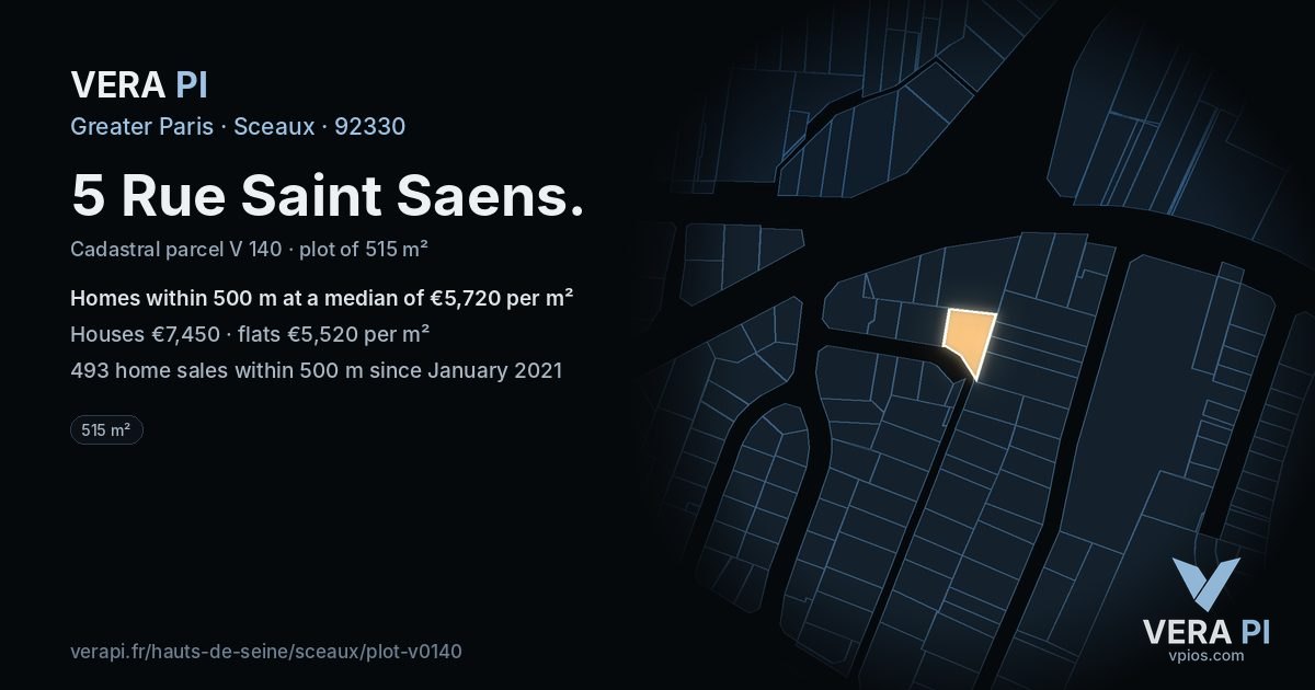 5 Rue Saint Saens, Sceaux at night – the plot lit, the parcels around coloured by the prices near them
