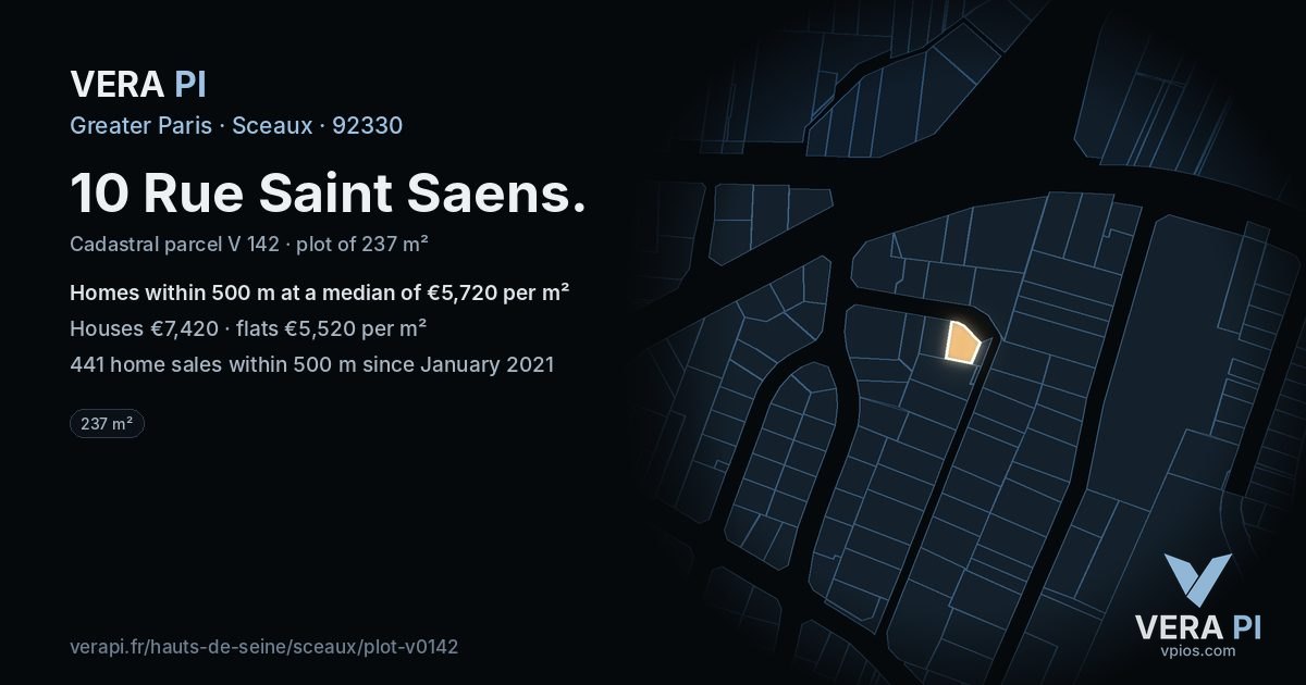 10 Rue Saint Saens, Sceaux at night – the plot lit, the parcels around coloured by the prices near them