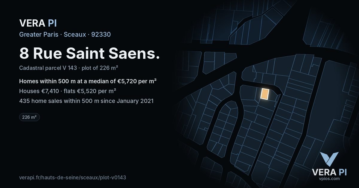 8 Rue Saint Saens, Sceaux at night – the plot lit, the parcels around coloured by the prices near them