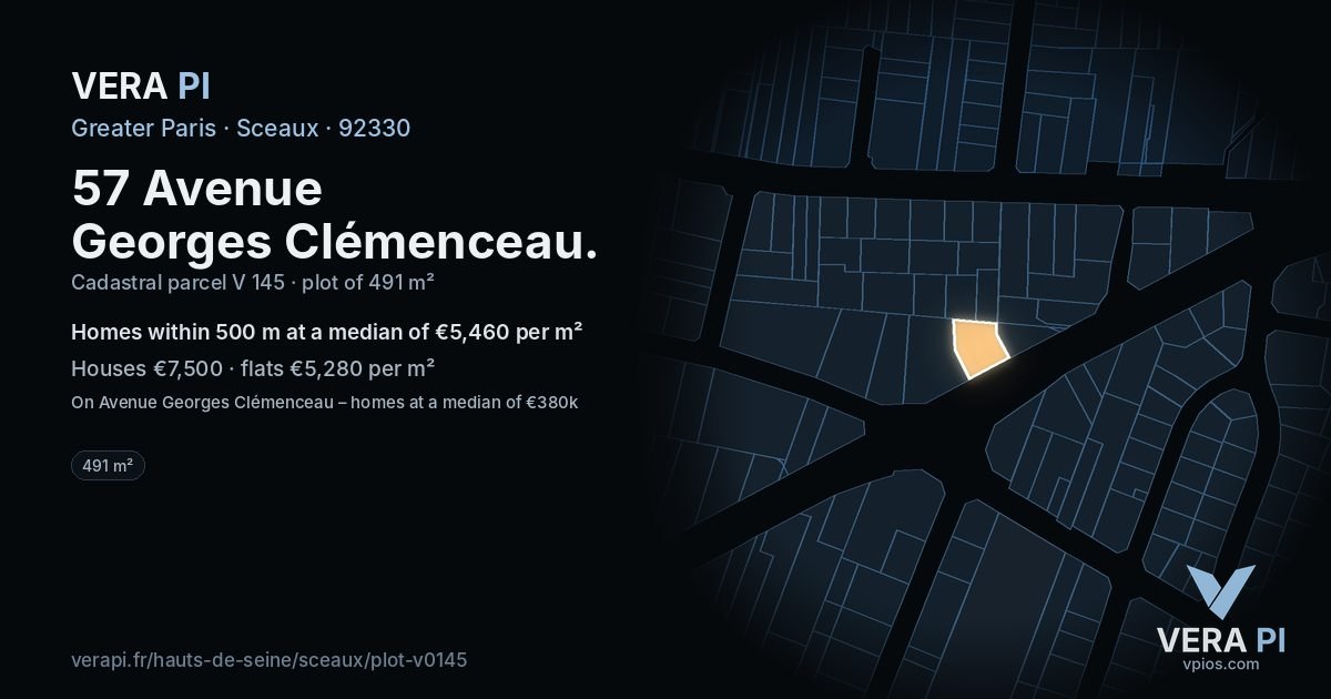 57 Avenue Georges Clémenceau, Sceaux at night – the plot lit, the parcels around coloured by the prices near them