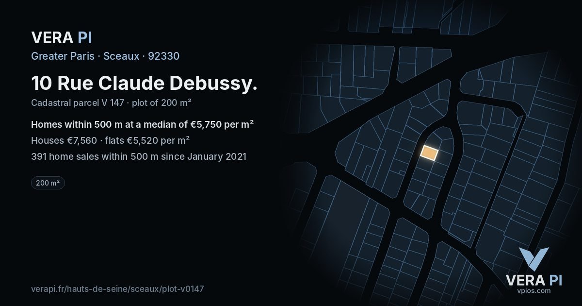 10 Rue Claude Debussy, Sceaux at night – the plot lit, the parcels around coloured by the prices near them