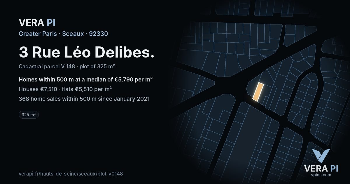 3 Rue Léo Delibes, Sceaux at night – the plot lit, the parcels around coloured by the prices near them