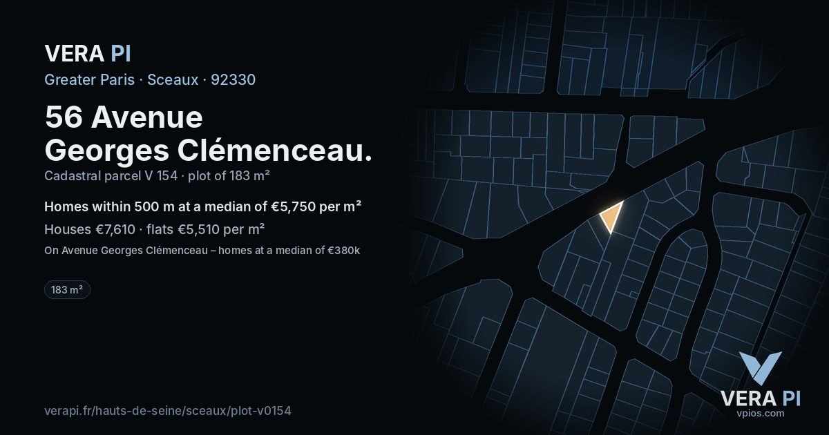 56 Avenue Georges Clémenceau, Sceaux at night – the plot lit, the parcels around coloured by the prices near them