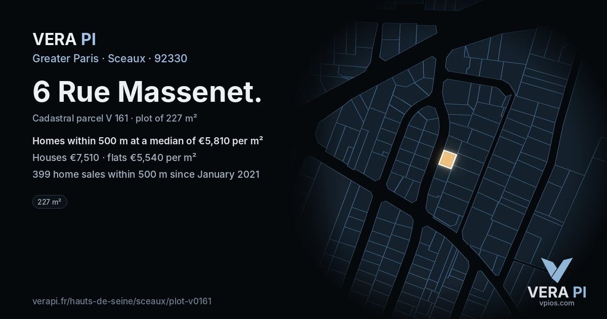 6 Rue Massenet, Sceaux at night – the plot lit, the parcels around coloured by the prices near them