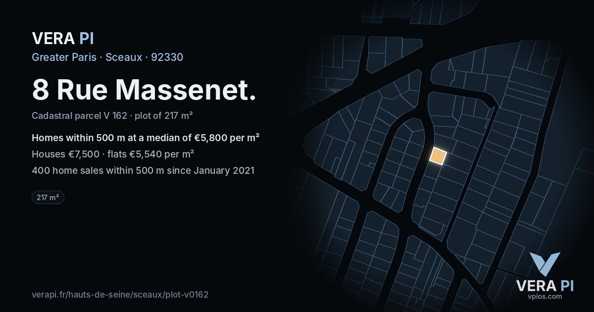 8 Rue Massenet, Sceaux at night – the plot lit, the parcels around coloured by the prices near them