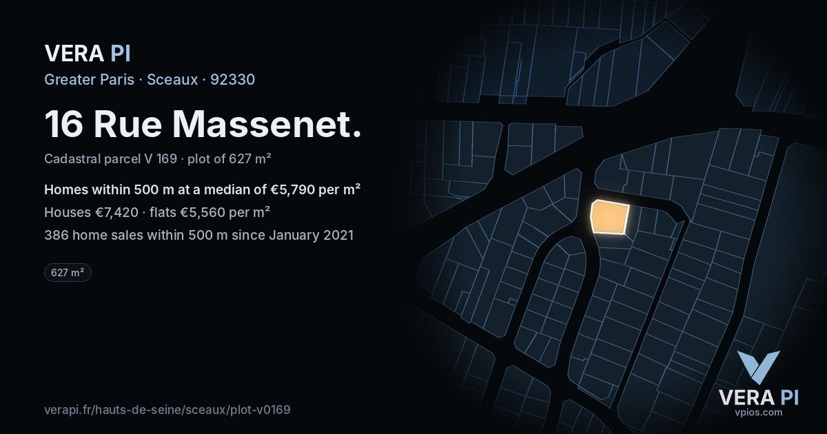 16 Rue Massenet, Sceaux at night – the plot lit, the parcels around coloured by the prices near them
