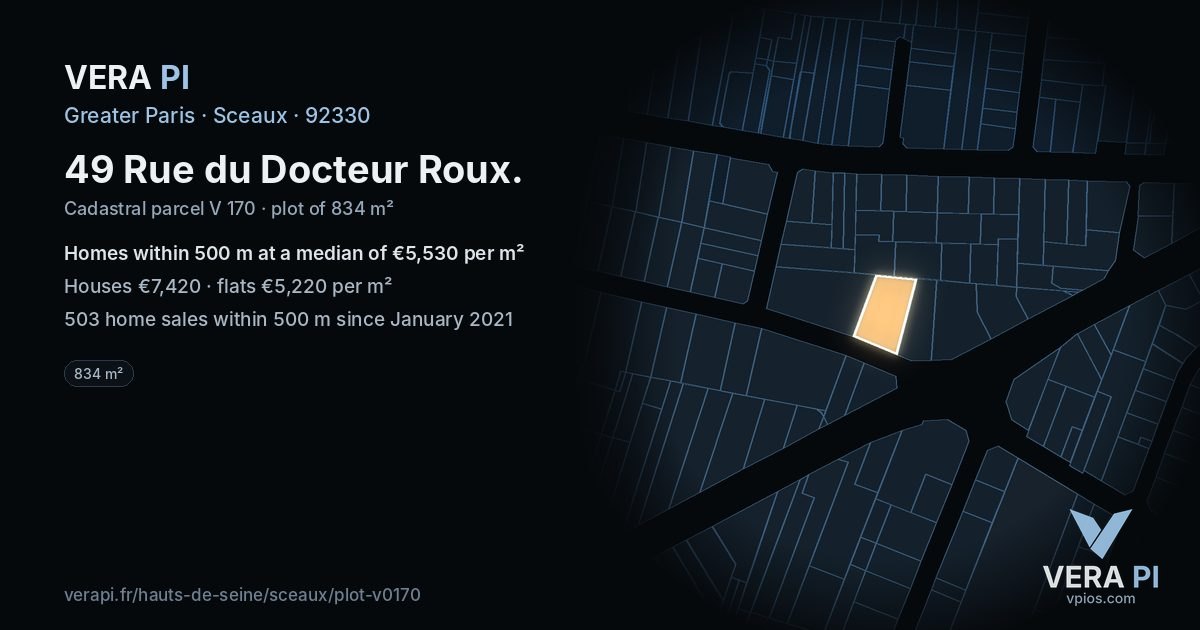 49 Rue du Docteur Roux, Sceaux at night – the plot lit, the parcels around coloured by the prices near them