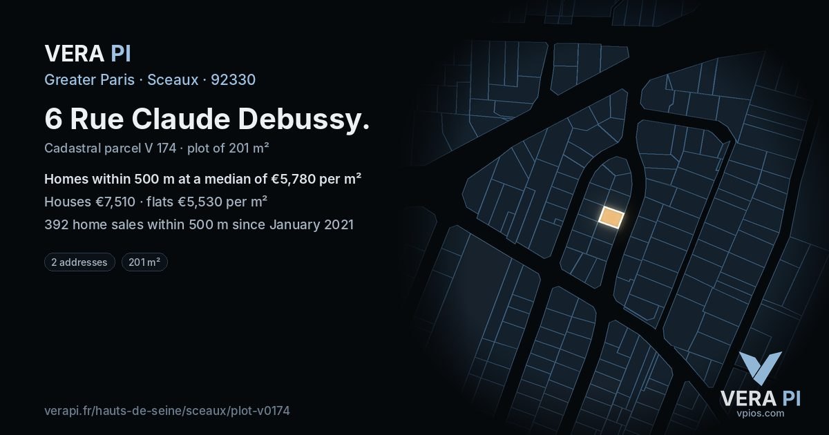 6 Rue Claude Debussy, Sceaux at night – the plot lit, the parcels around coloured by the prices near them