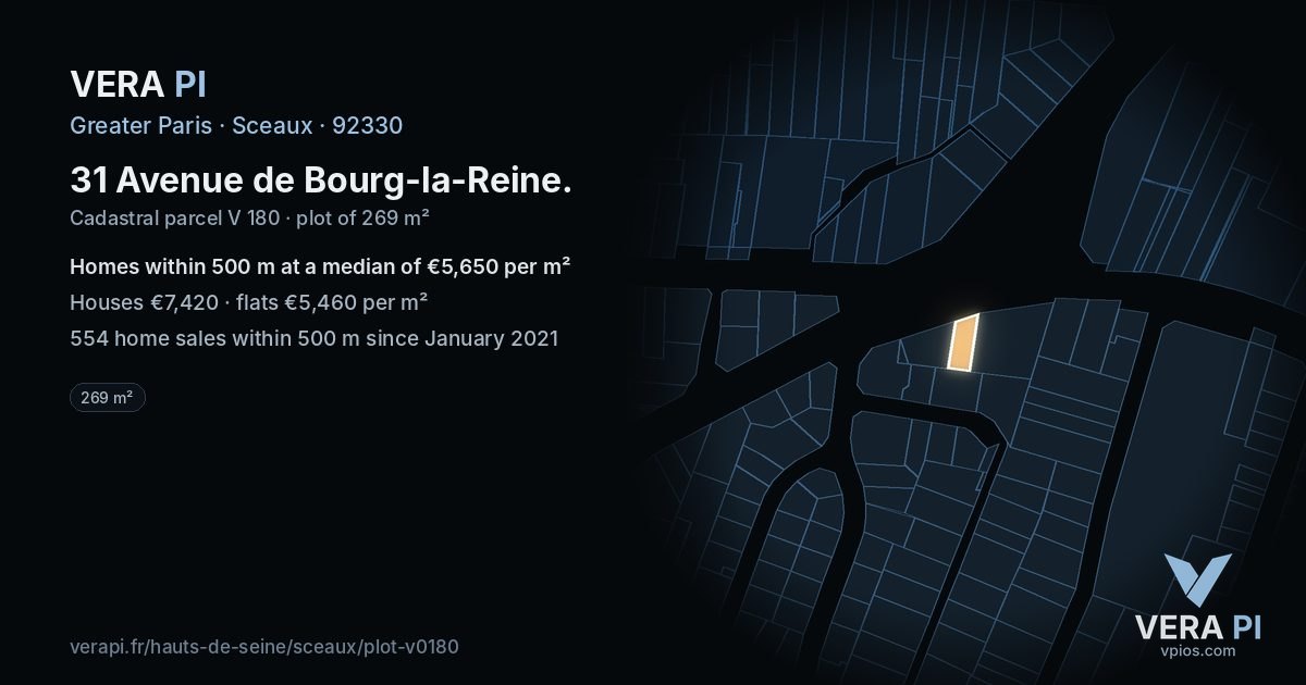 31 Avenue de Bourg-la-Reine, Sceaux at night – the plot lit, the parcels around coloured by the prices near them
