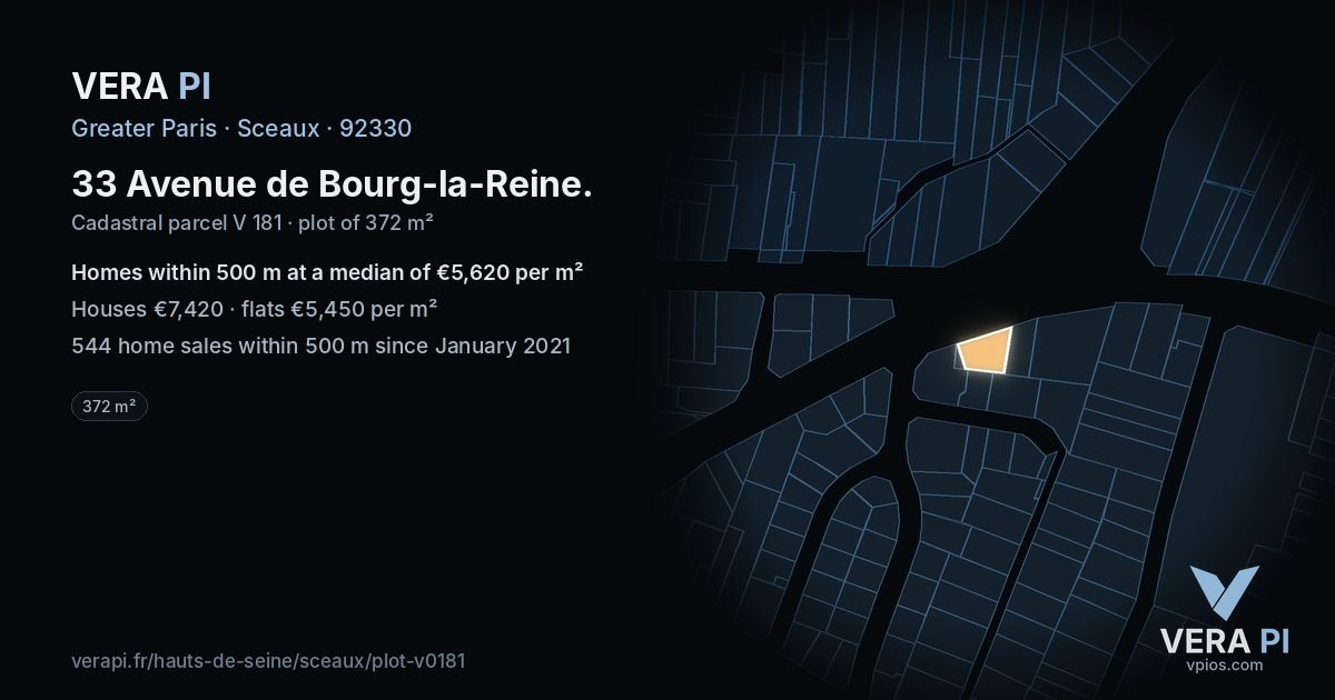 33 Avenue de Bourg-la-Reine, Sceaux at night – the plot lit, the parcels around coloured by the prices near them
