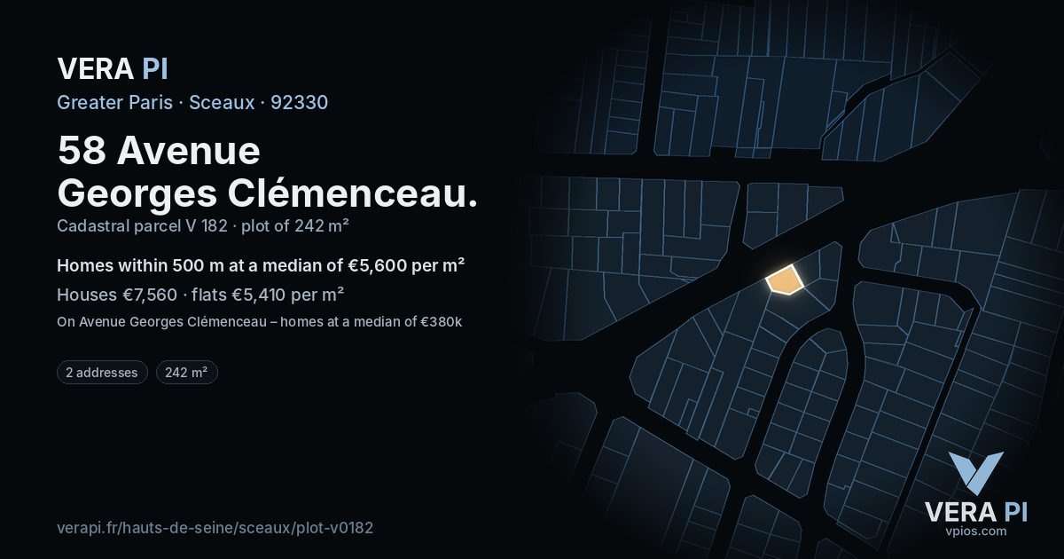 58 Avenue Georges Clémenceau, Sceaux at night – the plot lit, the parcels around coloured by the prices near them