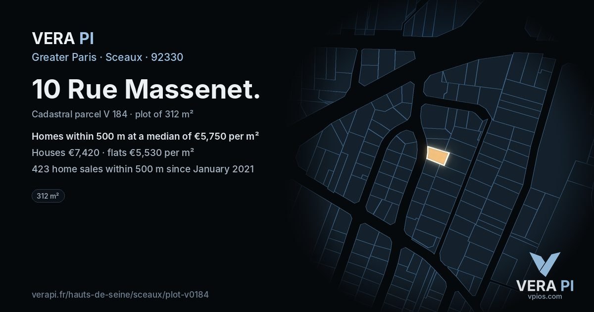 10 Rue Massenet, Sceaux at night – the plot lit, the parcels around coloured by the prices near them