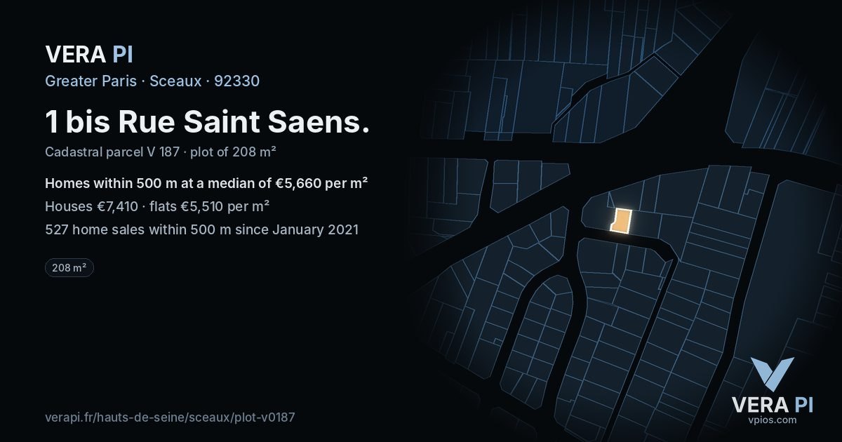 1 bis Rue Saint Saens, Sceaux at night – the plot lit, the parcels around coloured by the prices near them