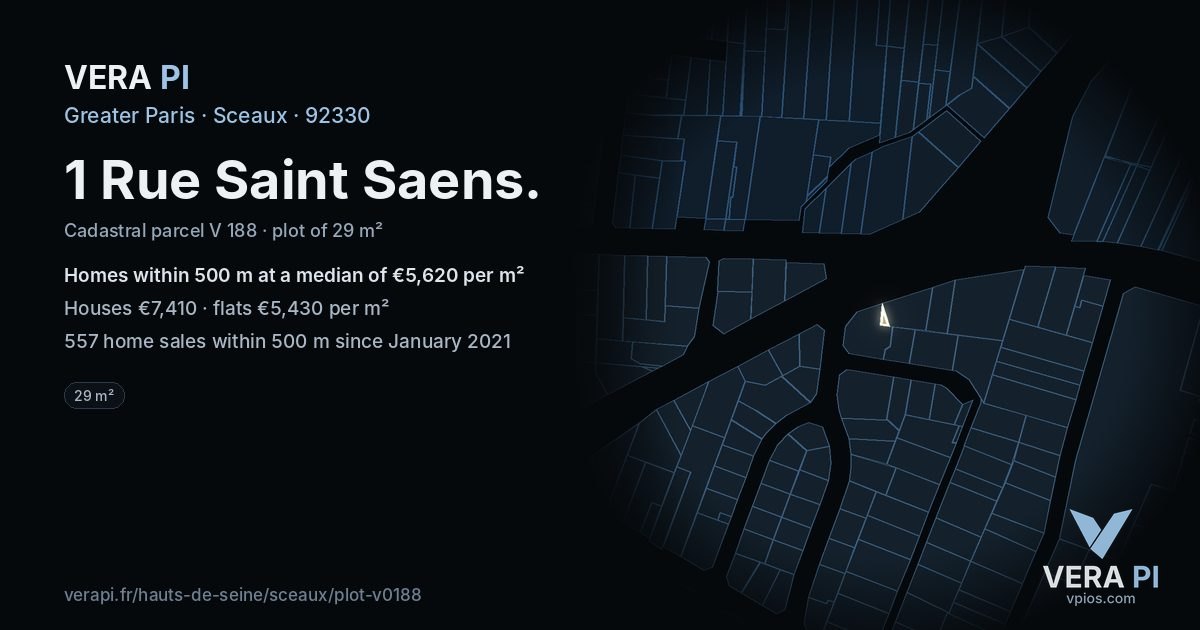 1 Rue Saint Saens, Sceaux at night – the plot lit, the parcels around coloured by the prices near them