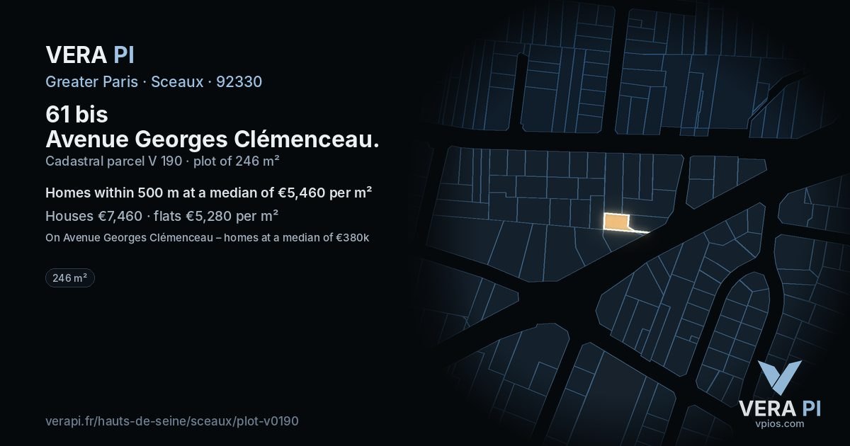 61 bis Avenue Georges Clémenceau, Sceaux at night – the plot lit, the parcels around coloured by the prices near them