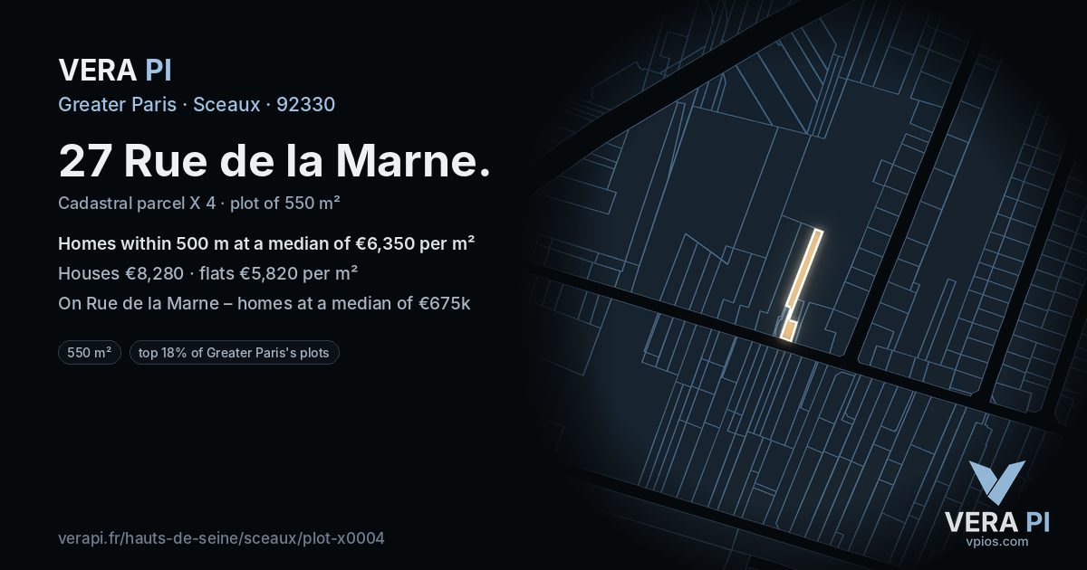 27 Rue de la Marne, Sceaux at night – the plot lit, the parcels around coloured by the prices near them