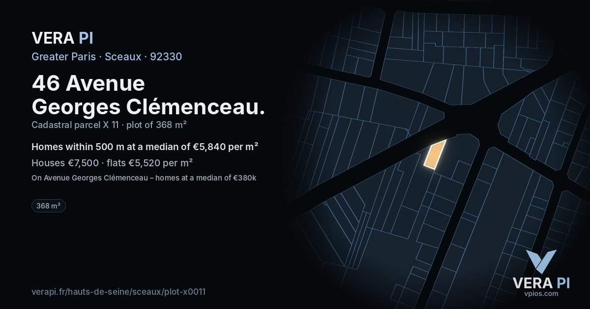 46 Avenue Georges Clémenceau, Sceaux at night – the plot lit, the parcels around coloured by the prices near them