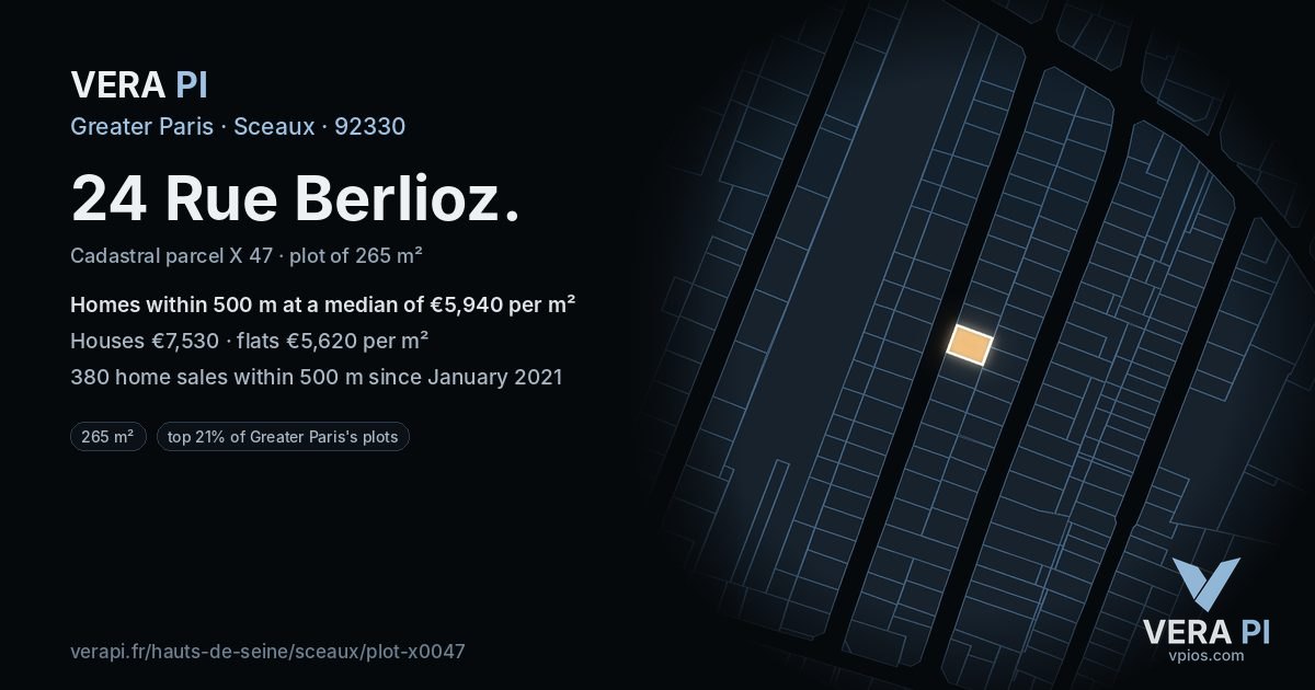 24 Rue Berlioz, Sceaux at night – the plot lit, the parcels around coloured by the prices near them