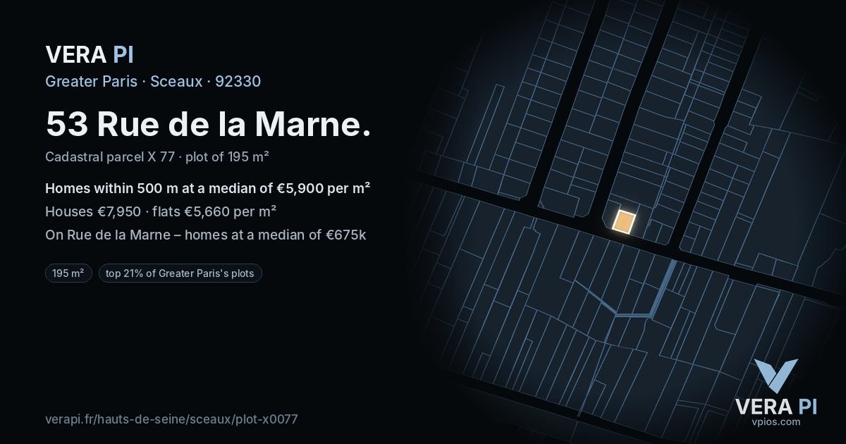53 Rue de la Marne, Sceaux at night – the plot lit, the parcels around coloured by the prices near them