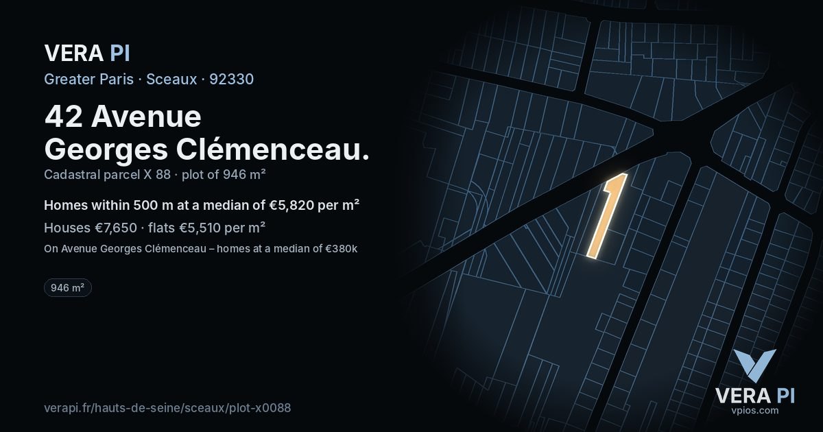 42 Avenue Georges Clémenceau, Sceaux at night – the plot lit, the parcels around coloured by the prices near them