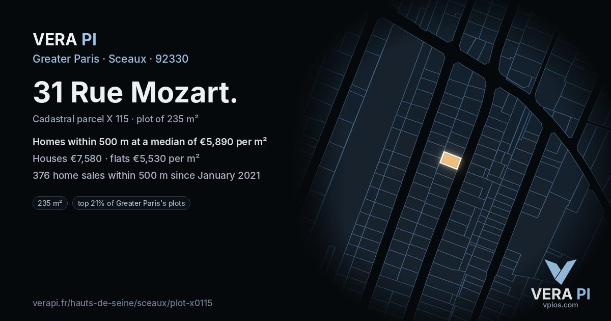 31 Rue Mozart, Sceaux at night – the plot lit, the parcels around coloured by the prices near them