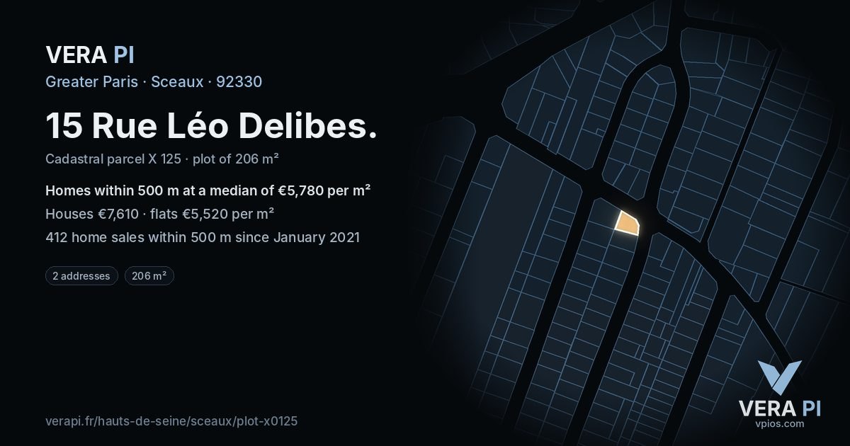 15 Rue Léo Delibes, Sceaux at night – the plot lit, the parcels around coloured by the prices near them
