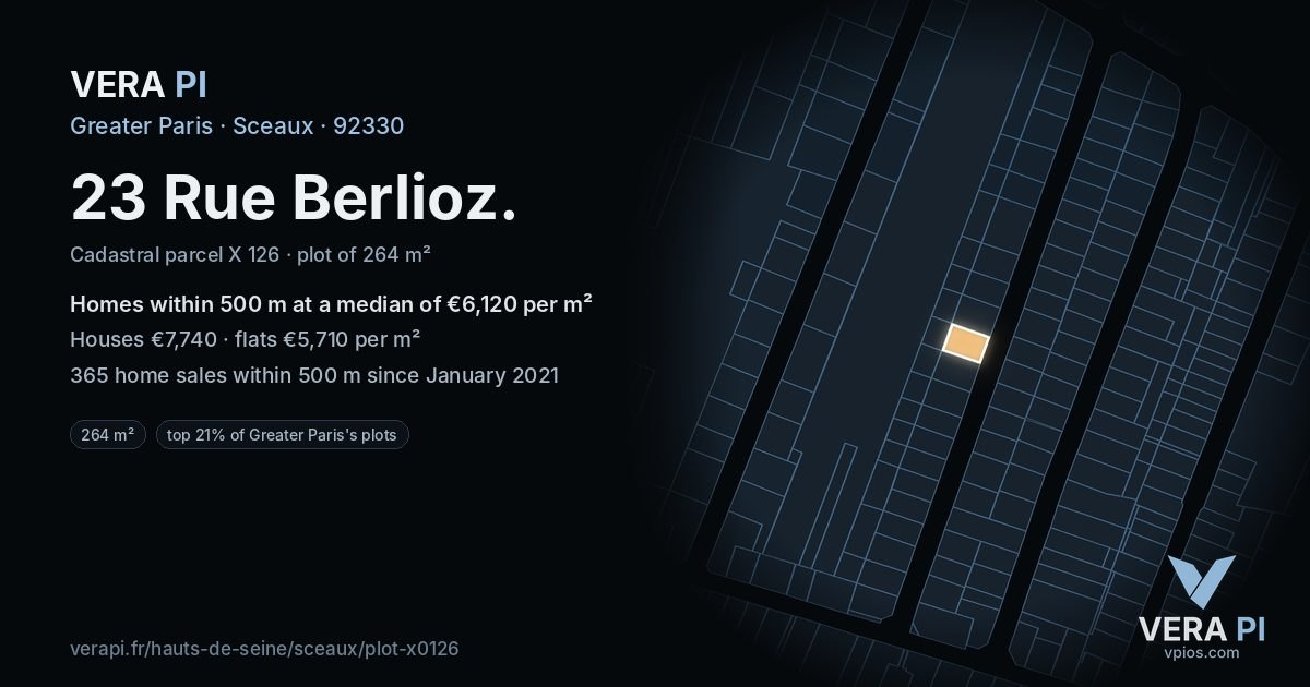 23 Rue Berlioz, Sceaux at night – the plot lit, the parcels around coloured by the prices near them