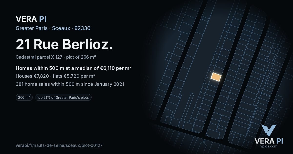 21 Rue Berlioz, Sceaux at night – the plot lit, the parcels around coloured by the prices near them