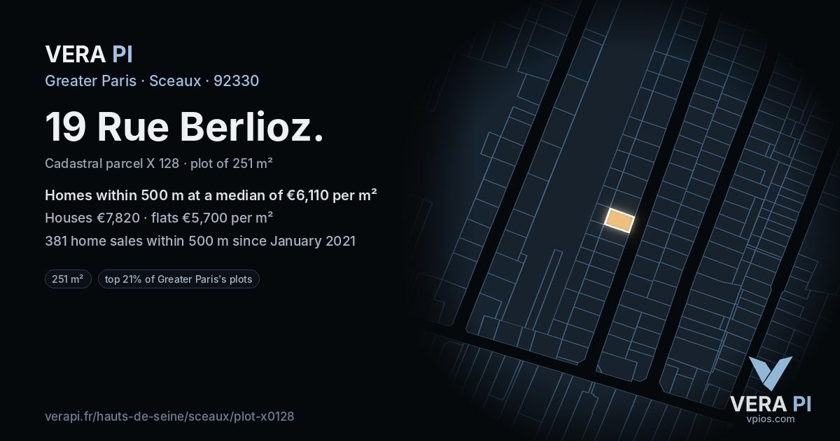 19 Rue Berlioz, Sceaux at night – the plot lit, the parcels around coloured by the prices near them