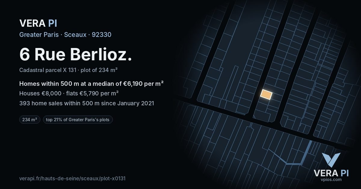 6 Rue Berlioz, Sceaux at night – the plot lit, the parcels around coloured by the prices near them