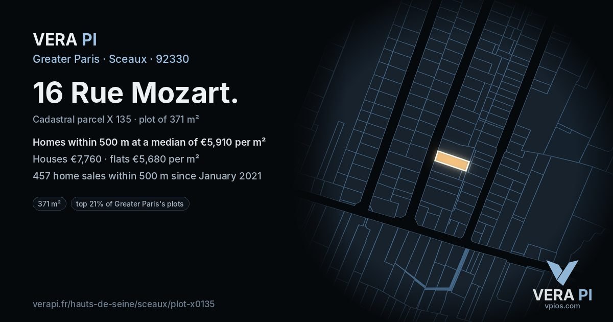 16 Rue Mozart, Sceaux at night – the plot lit, the parcels around coloured by the prices near them