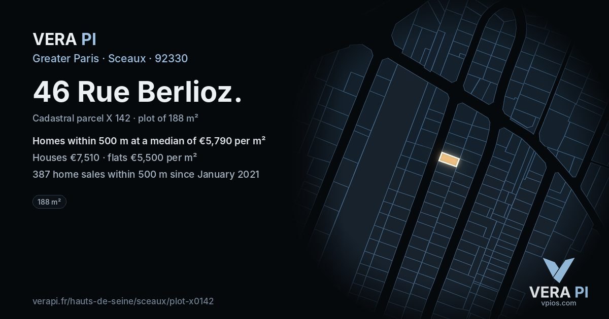 46 Rue Berlioz, Sceaux at night – the plot lit, the parcels around coloured by the prices near them