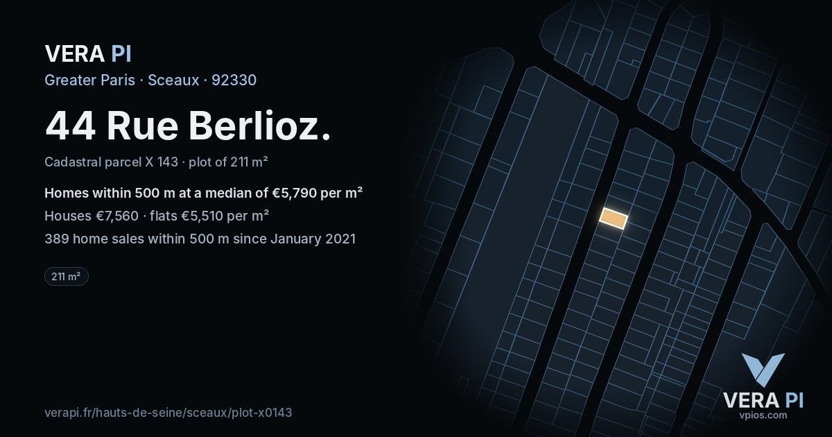 44 Rue Berlioz, Sceaux at night – the plot lit, the parcels around coloured by the prices near them