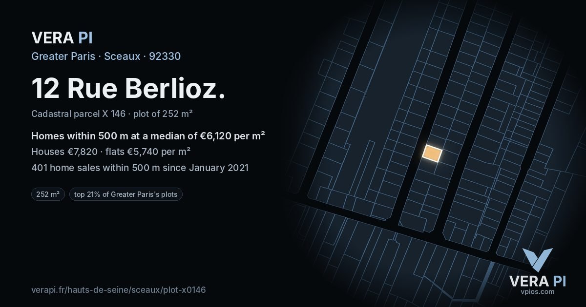 12 Rue Berlioz, Sceaux at night – the plot lit, the parcels around coloured by the prices near them