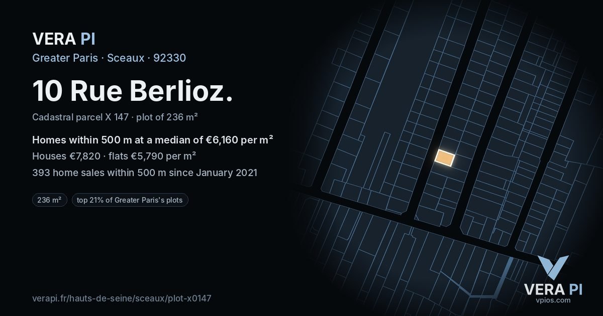 10 Rue Berlioz, Sceaux at night – the plot lit, the parcels around coloured by the prices near them