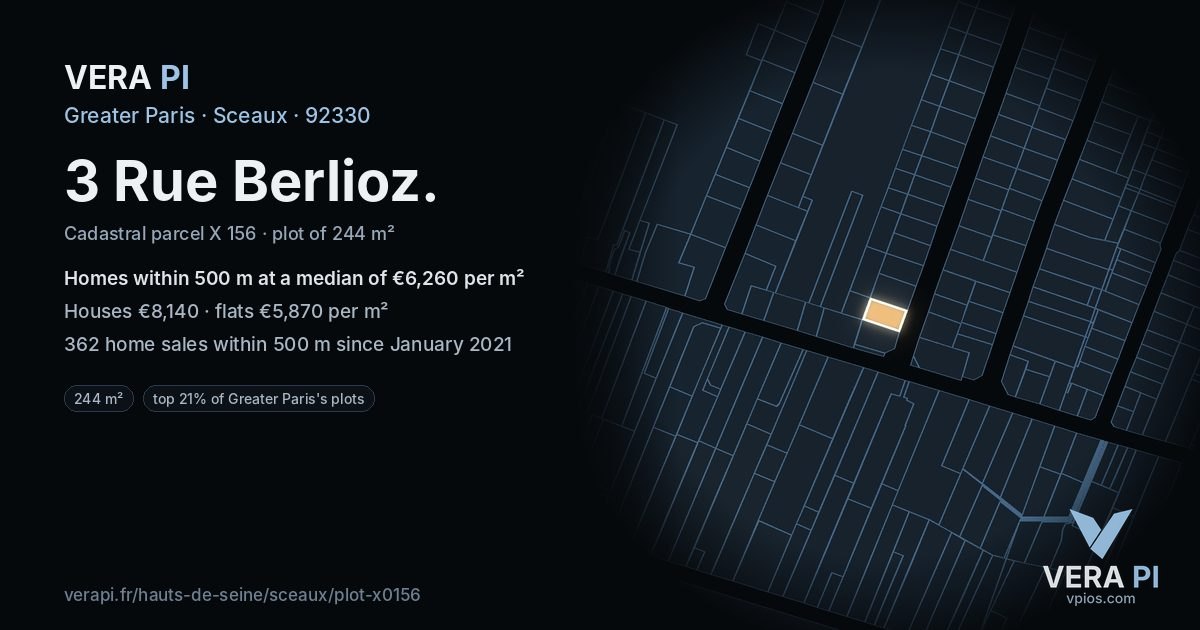 3 Rue Berlioz, Sceaux at night – the plot lit, the parcels around coloured by the prices near them