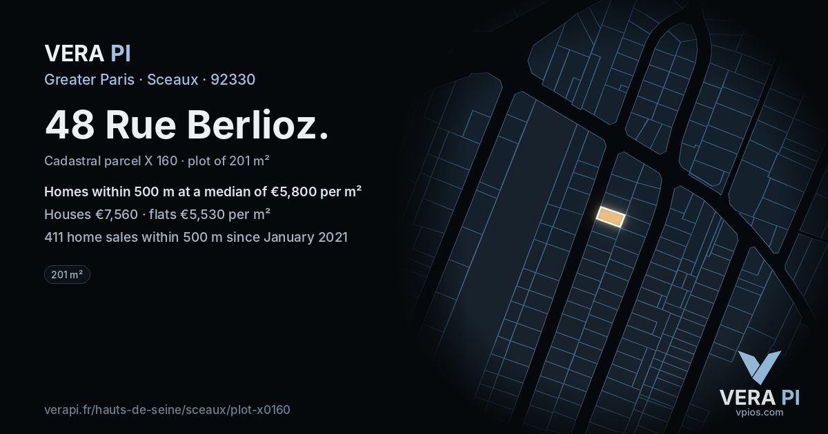 48 Rue Berlioz, Sceaux at night – the plot lit, the parcels around coloured by the prices near them