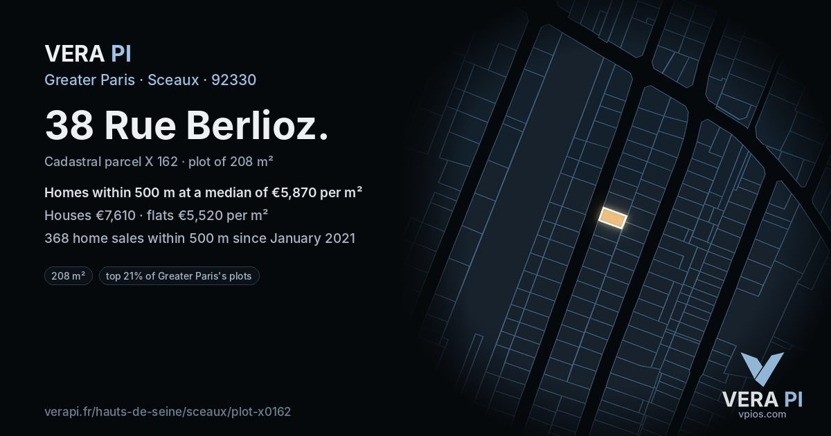 38 Rue Berlioz, Sceaux at night – the plot lit, the parcels around coloured by the prices near them